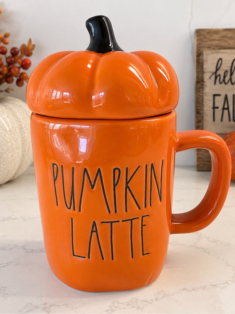 Rae Dunn PUMPKIN LATTE Orange Mug w/ Pumpkin Lid Topper Fall Halloween Magenta